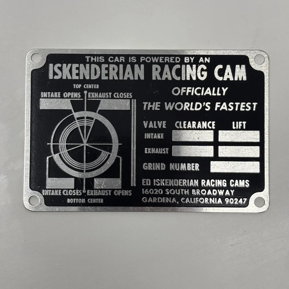 Vintage Iskenderian Racing Cams Dash  Plaque Timing Tag Hot Rod Gardena CA